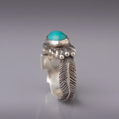 Thunderbird Turquoise Sterling Silver Ring, Southwestern Feather Design