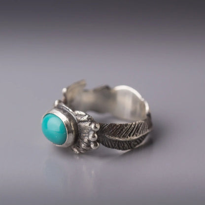 Thunderbird Turquoise Sterling Silver Ring, Southwestern Feather Design