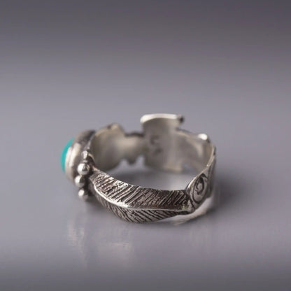 Thunderbird Turquoise Sterling Silver Ring, Southwestern Feather Design