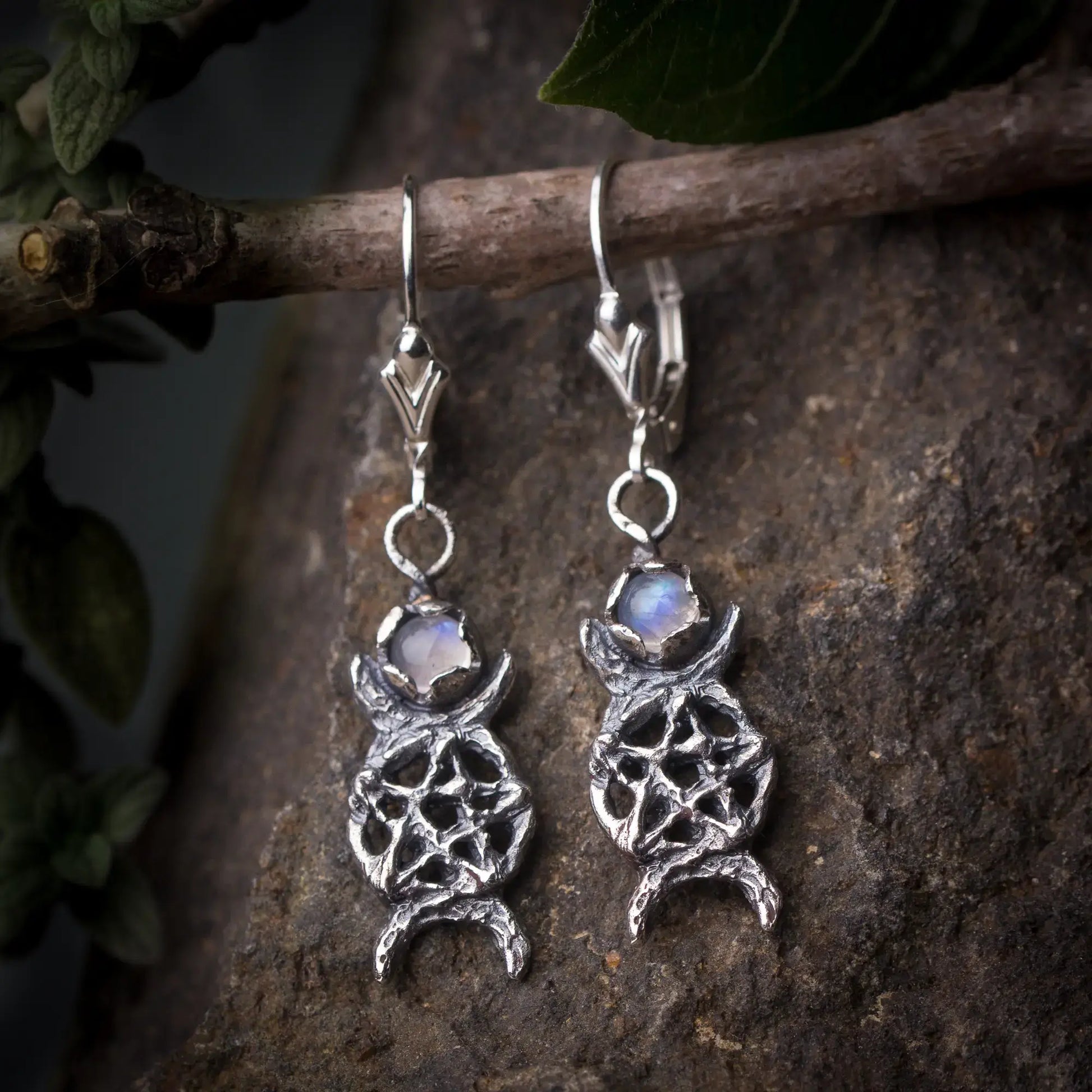 triple moon silver earrings with moonstone