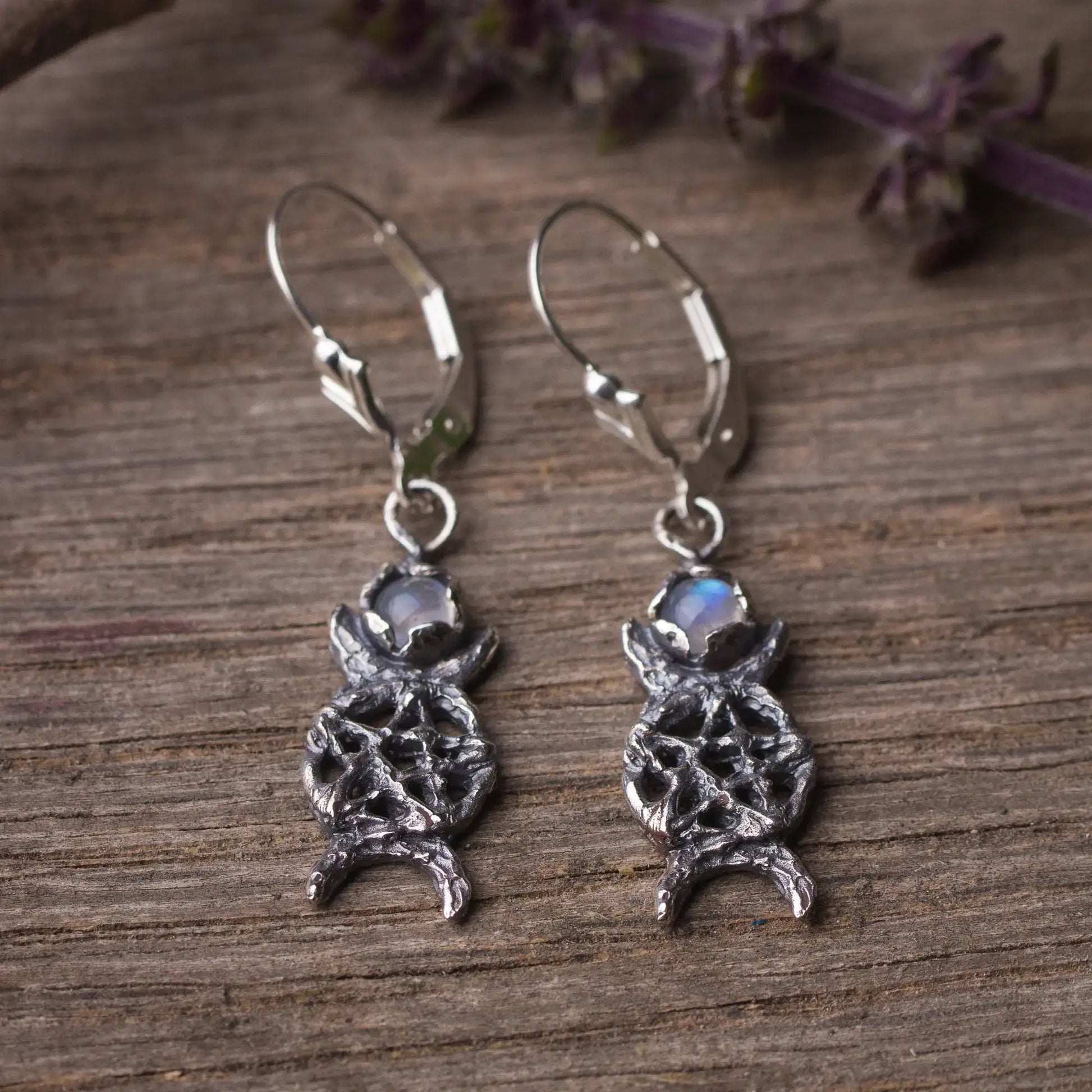 triple moon pentagram silver earrings with moonstone