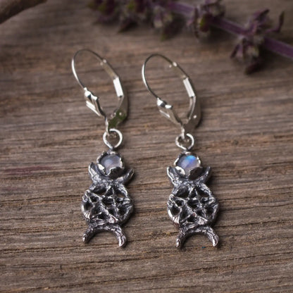 triple moon pentagram silver earrings with moonstone