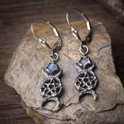 triple moon pentagram silver earrings with moonstone