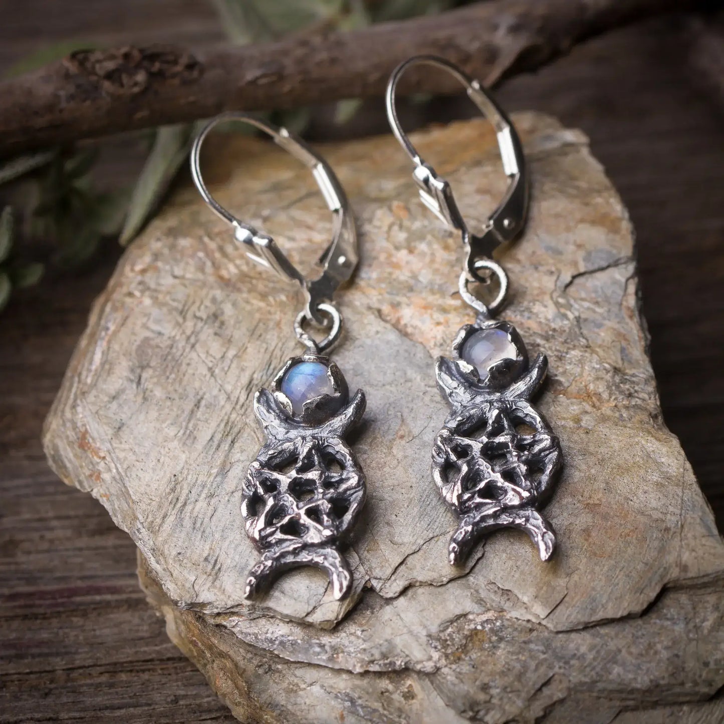 Triple Moon Pentagram Earrings, Moonstone Silver Witch Jewelry