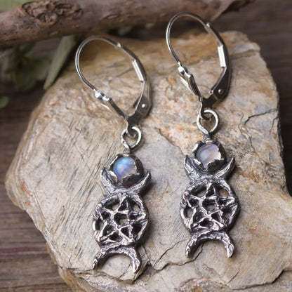 Triple Moon Pentagram Earrings, Moonstone Silver Witch Jewelry