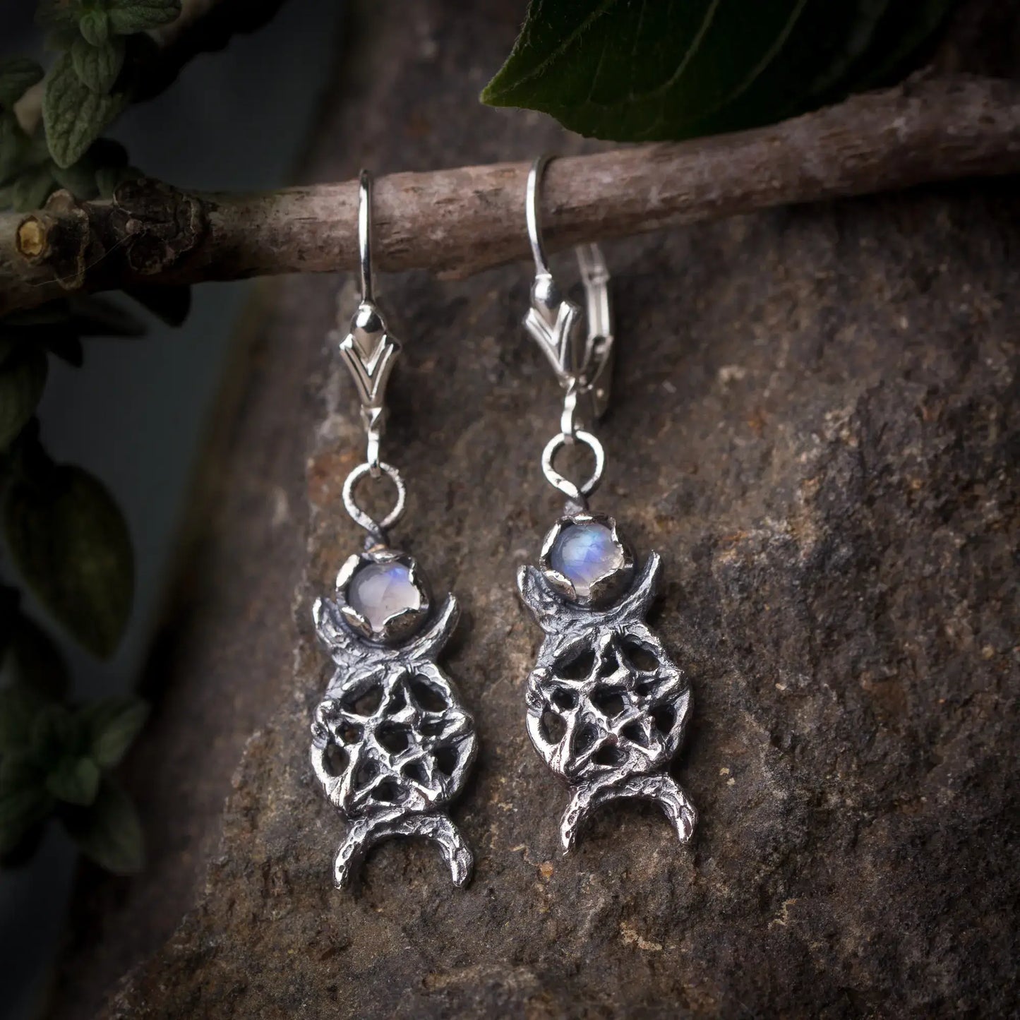 Triple Moon Pentagram Earrings, Moonstone Silver Witch Jewelry