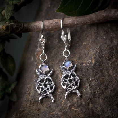 Triple Moon Pentagram Earrings, Moonstone Silver Witch Jewelry