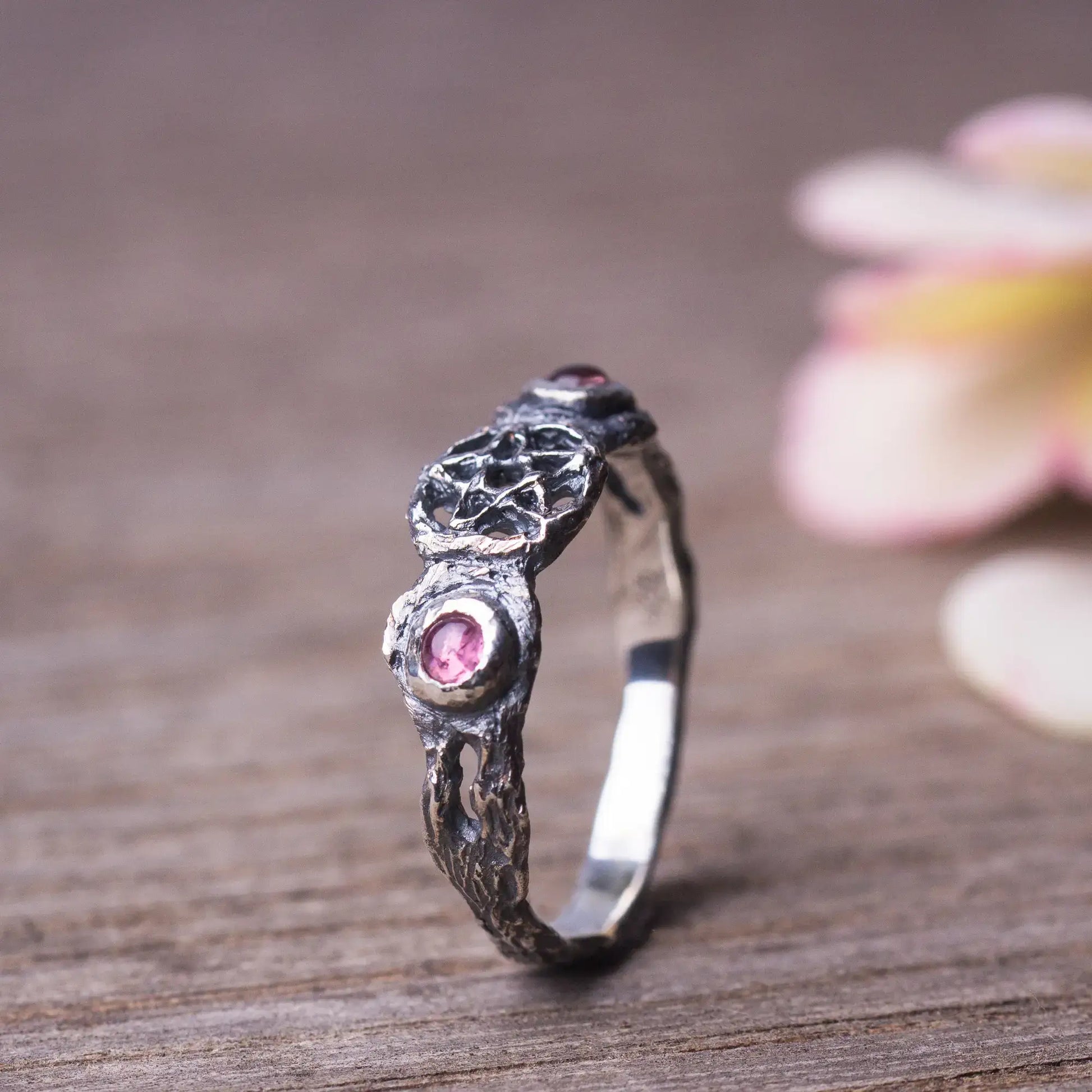 Triple Moon Branch Ring in Sterling Silver with pink tourmaline