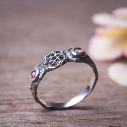  Triple Moon Branch Ring in Sterling Silver with pink tourmaline