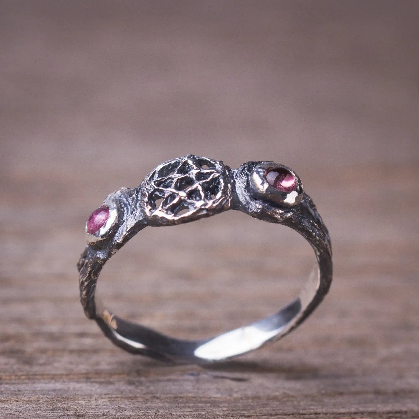  Triple Moon Branch Ring in Sterling Silver with pink tourmaline