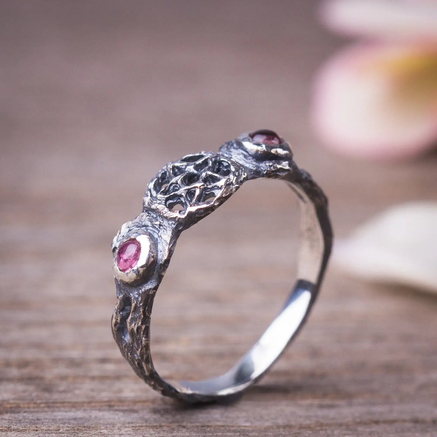  Triple Moon dainty Branch Ring in Sterling Silver with pink tourmaline