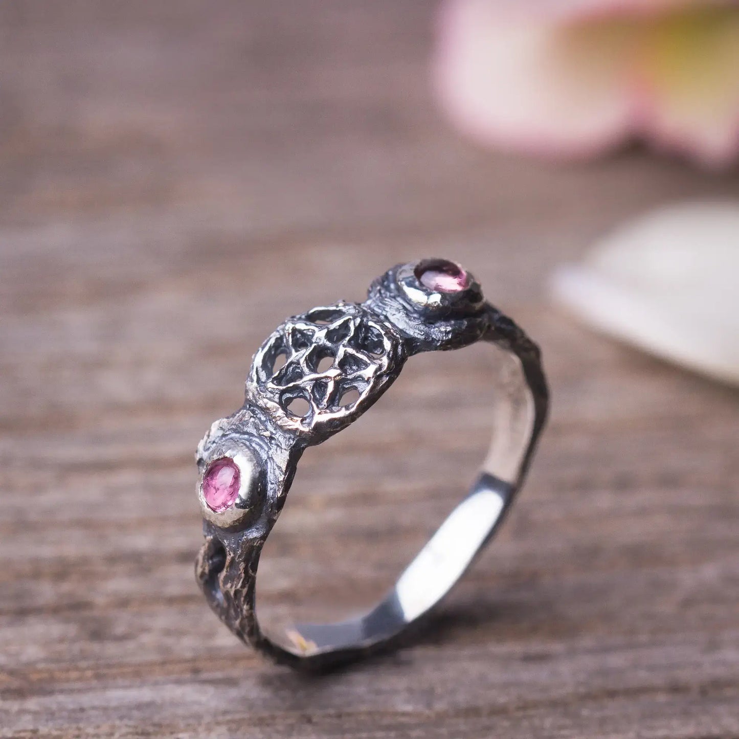  Triple Moon Branch Ring in Sterling Silver with pink tourmaline