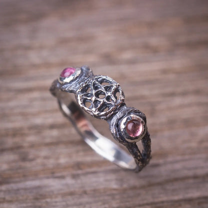  Triple Moon Branch Ring in Sterling Silver with pink tourmaline