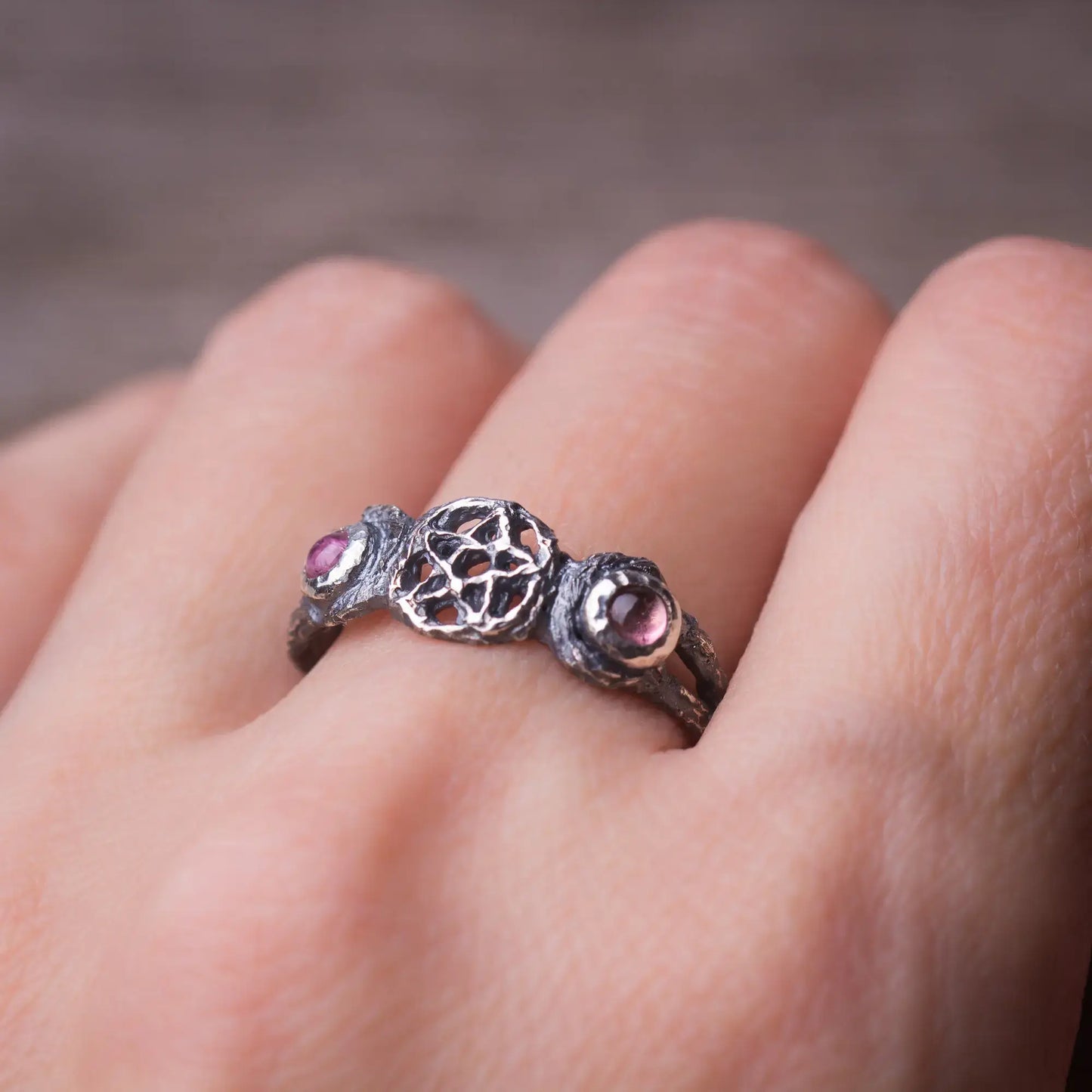  Triple Moon Branch Ring in Sterling Silver with pink tourmaline worn on finger