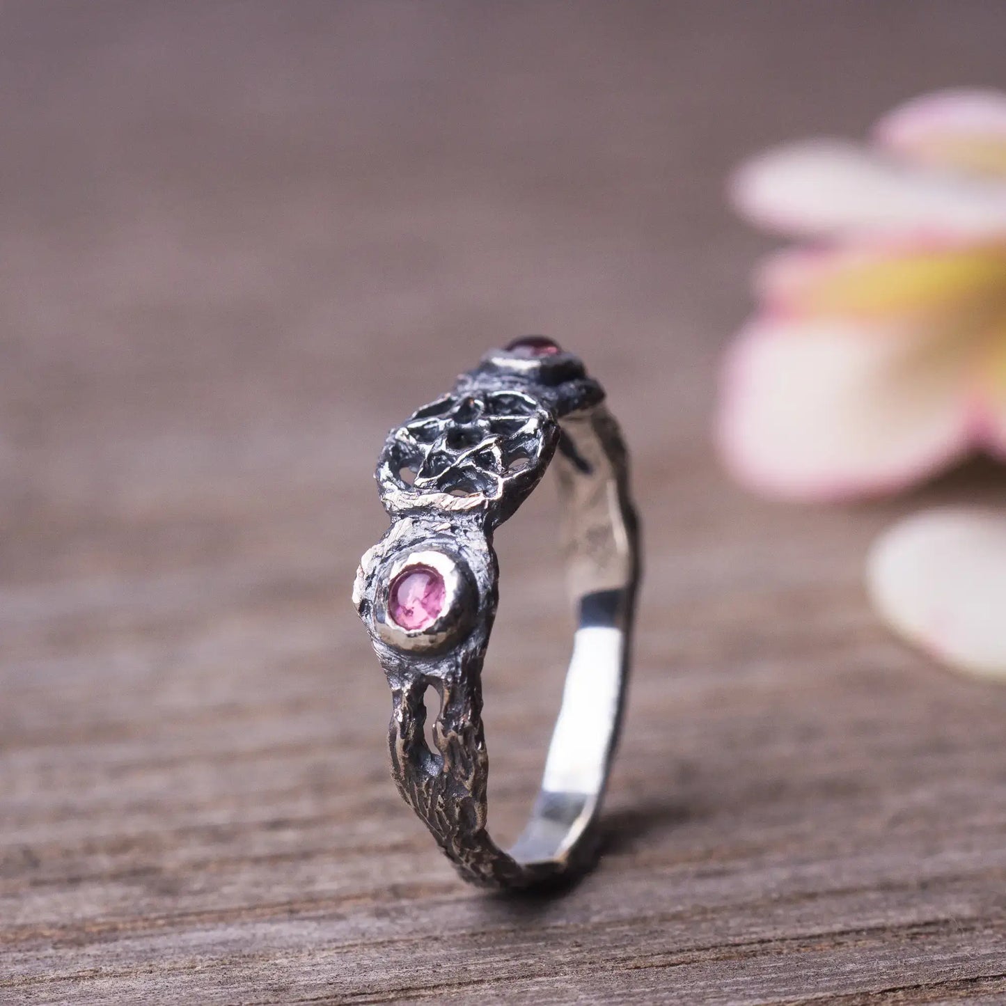  Triple Moon Branch Ring in Sterling Silver with pink tourmaline