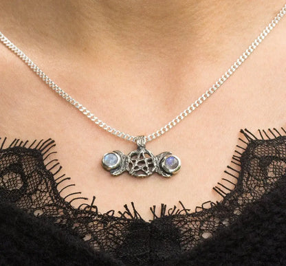 Triple moon pentacle necklace, Rainbow moonstone silver pendant, on model