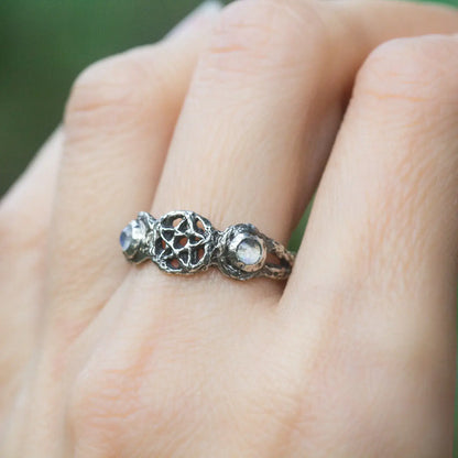 Triple Moon Branch witch Ring in Sterling Silver with Moonstone worn on finger