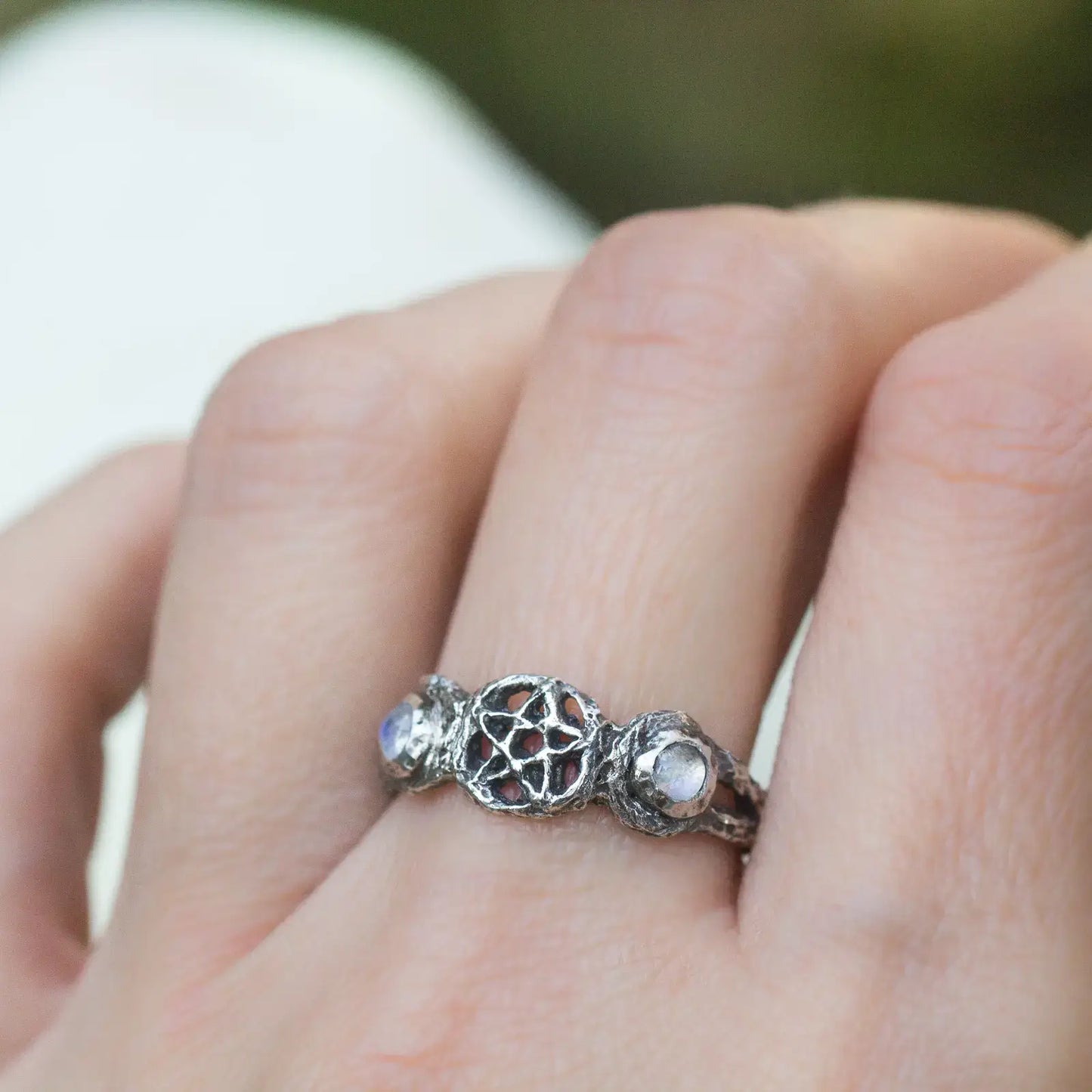 Triple Moon Branch witch Ring in Sterling Silver with Moonstone worn on finger