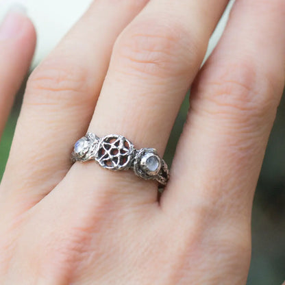 Triple Moon Branch witch Ring in Sterling Silver with Moonstone worn on finger