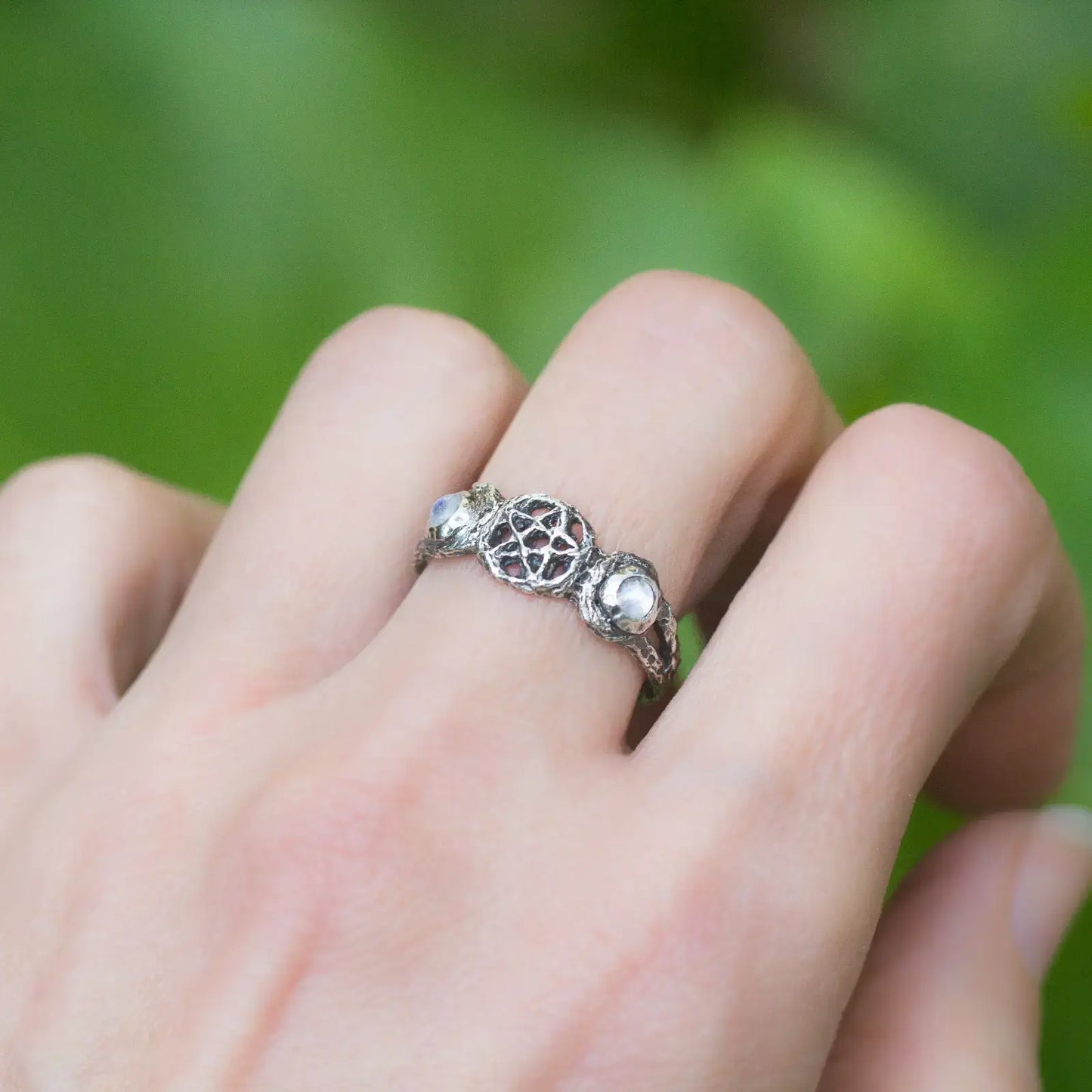 Triple Moon Branch dainty witch Ring in Sterling Silver with Moonstone worn on finger