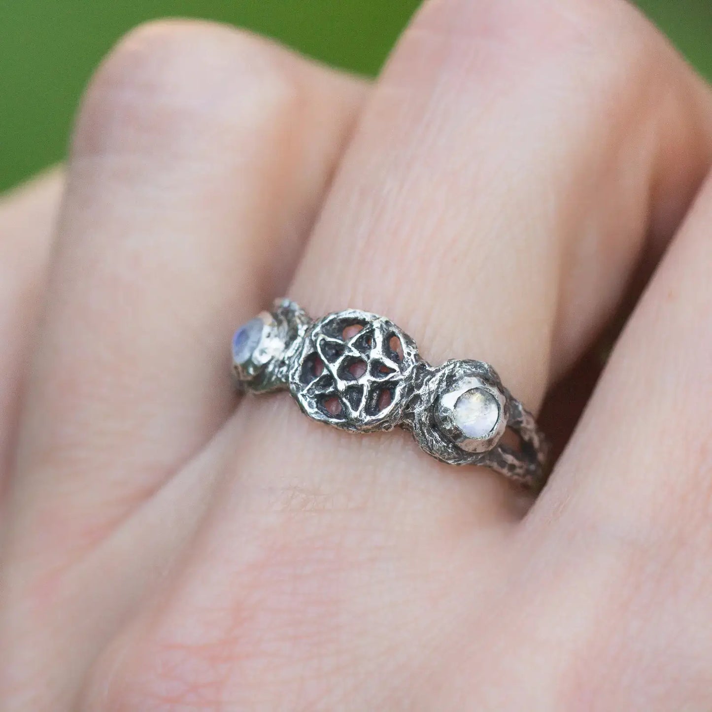 Triple Moon Sterling Silver Branch Ring, Pentacle Crescent Moon with Moonstone Ring