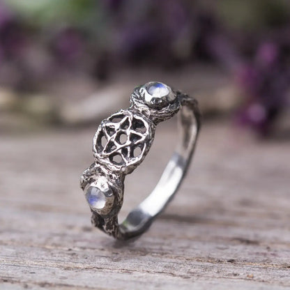  Triple Moon pentagram Branch witch Ring in Sterling Silver with Moonstone