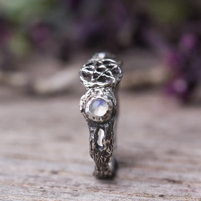 Triple Moon Branch pentagram witch Ring in Sterling Silver with Moonstone side view