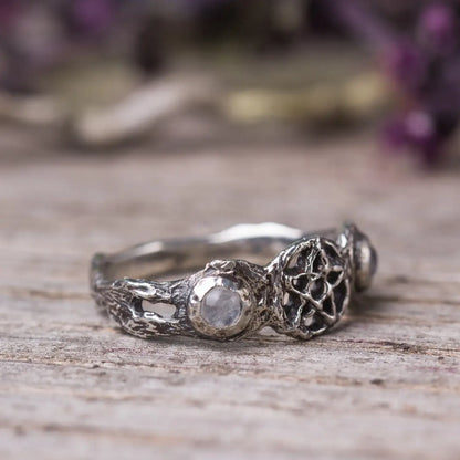 Triple Moon Branch witch Ring in Sterling Silver with Moonstone side view