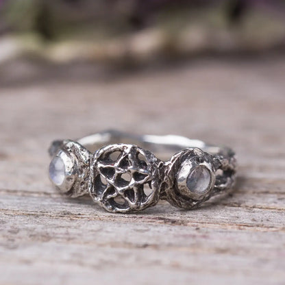 Triple Moon Sterling Silver Branch Ring, Pentacle Crescent Moon with Moonstone Ring