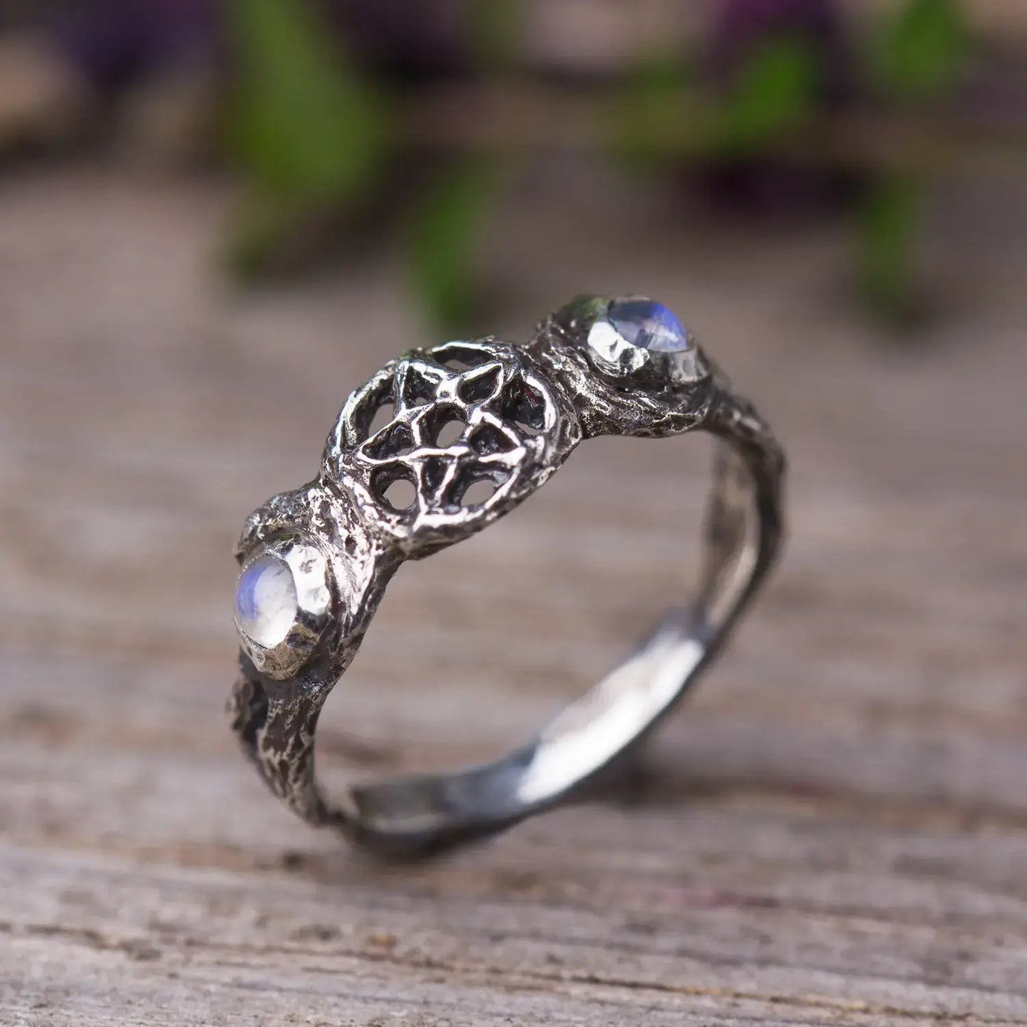 Triple Moon Branch witch Ring in Sterling Silver with Moonstone