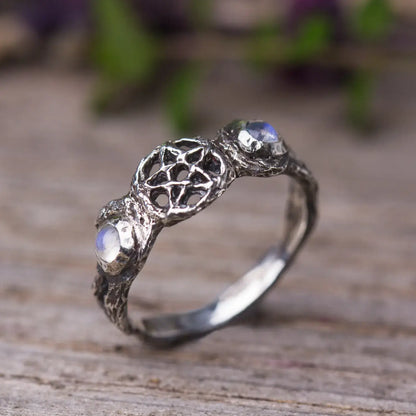 Triple Moon Branch witch Ring in Sterling Silver with Moonstone