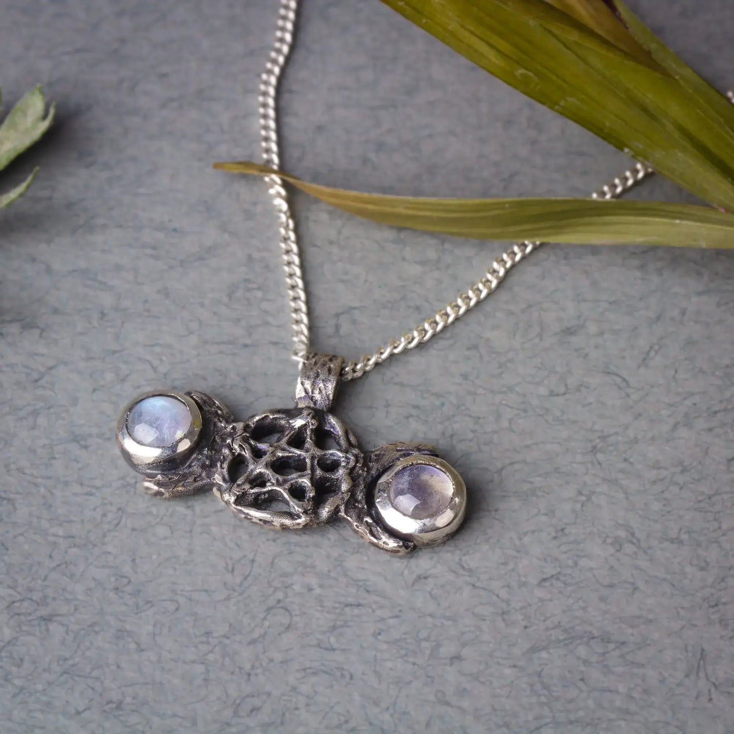 Triple moon necklace, Moonstone silver pendant, Witchcraft necklace, Pentagram necklace