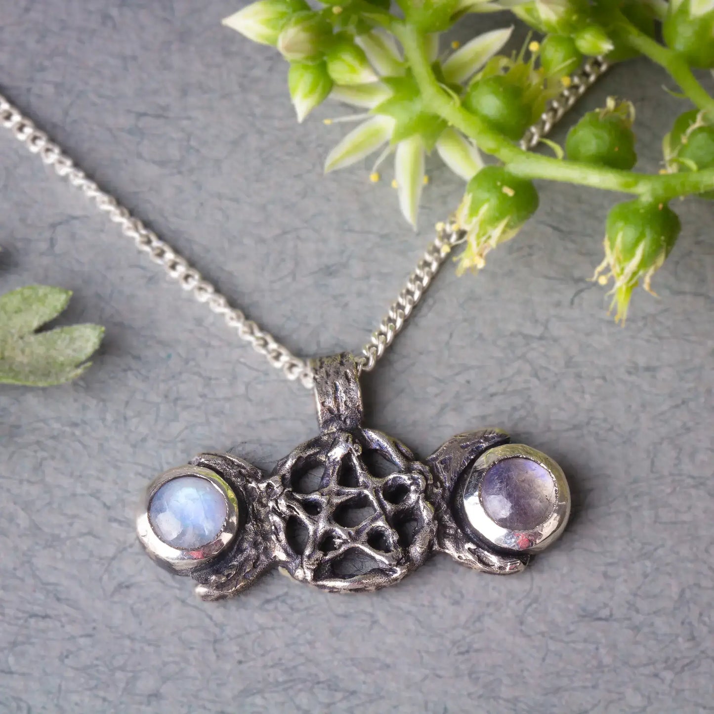 Triple moon necklace, Moonstone silver pendant, Witchcraft necklace, Pentagram necklace