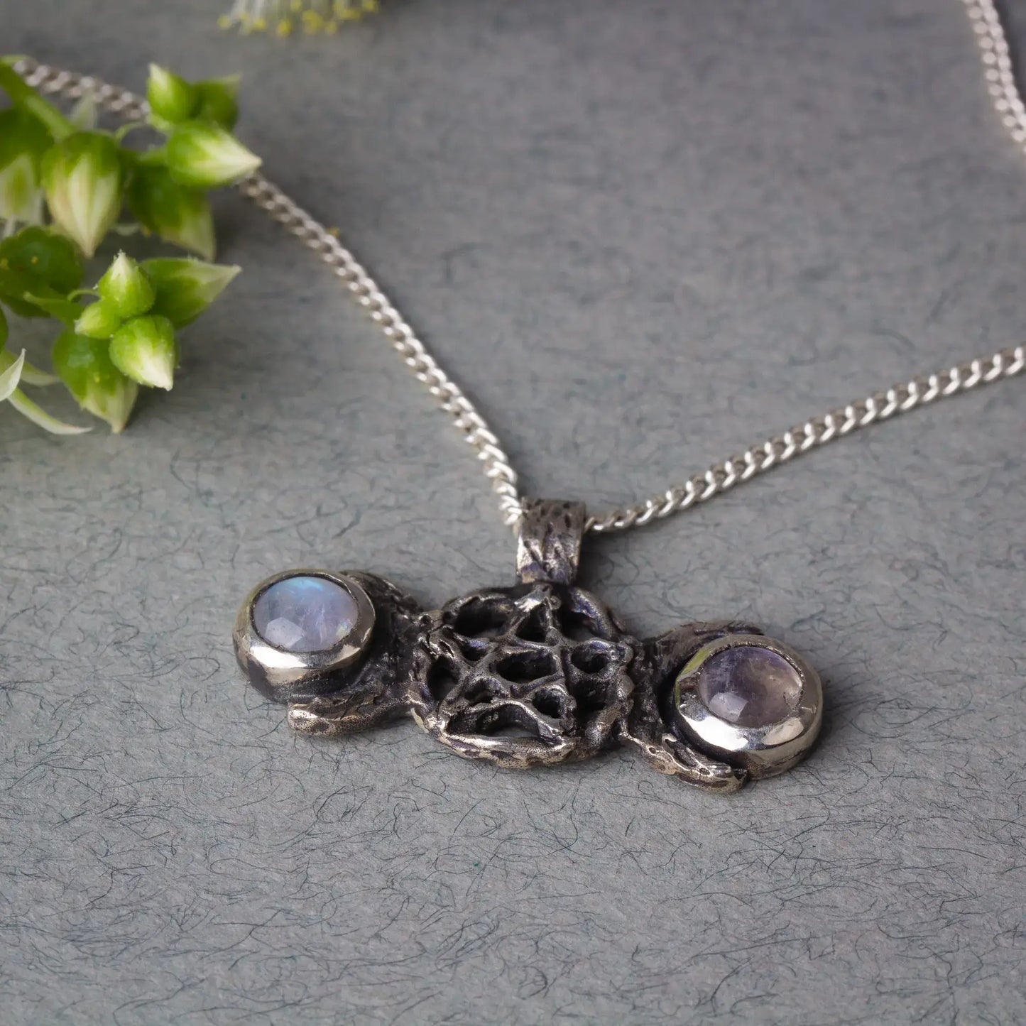 Triple moon necklace, Moonstone silver pendant, Witchcraft necklace, Pentagram necklace