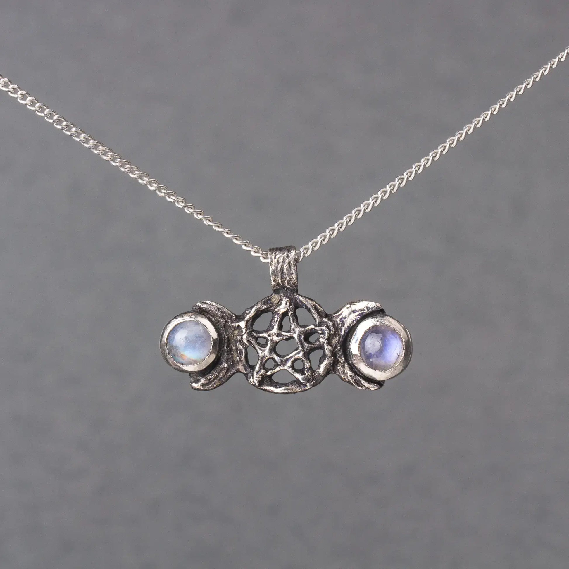 Triple moon necklace, Rainbow moonstone silver pendant