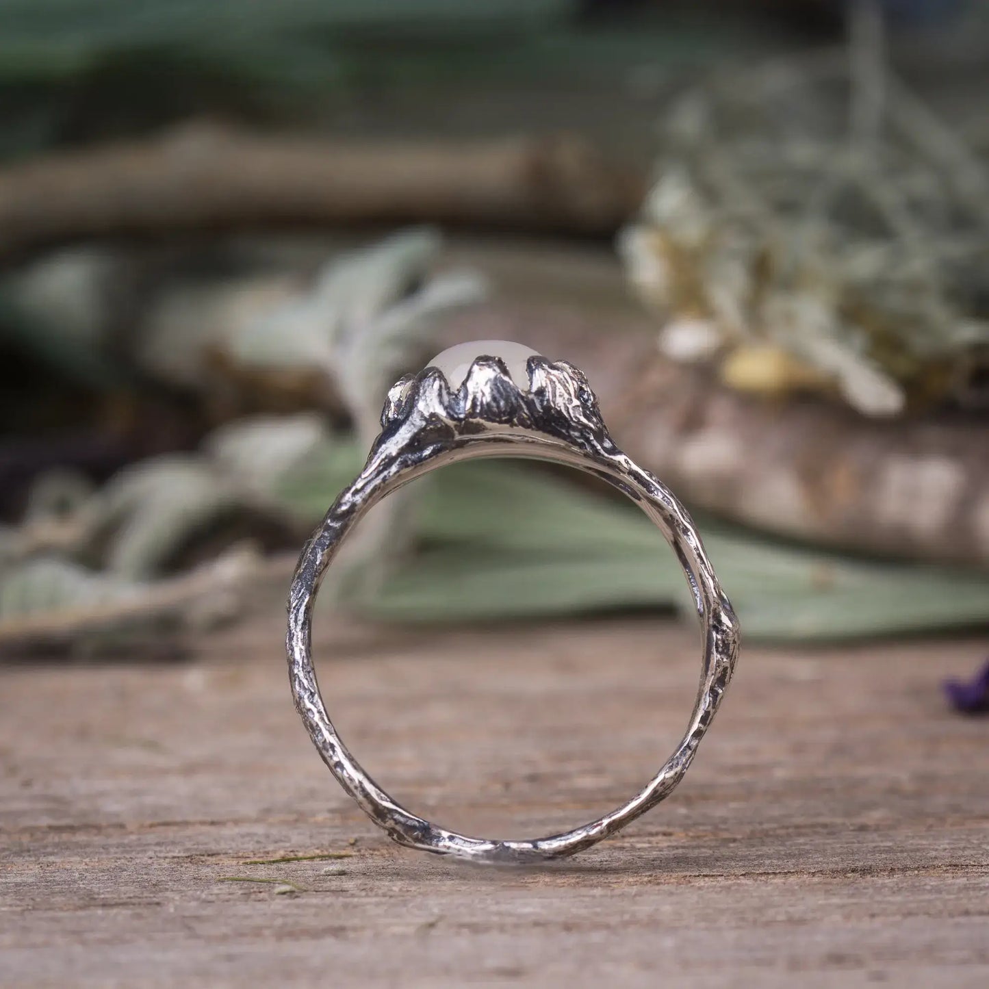 Moonstone Nature Ring in Sterling Silver, Branch Ring Fairy Tale Style Ring front view