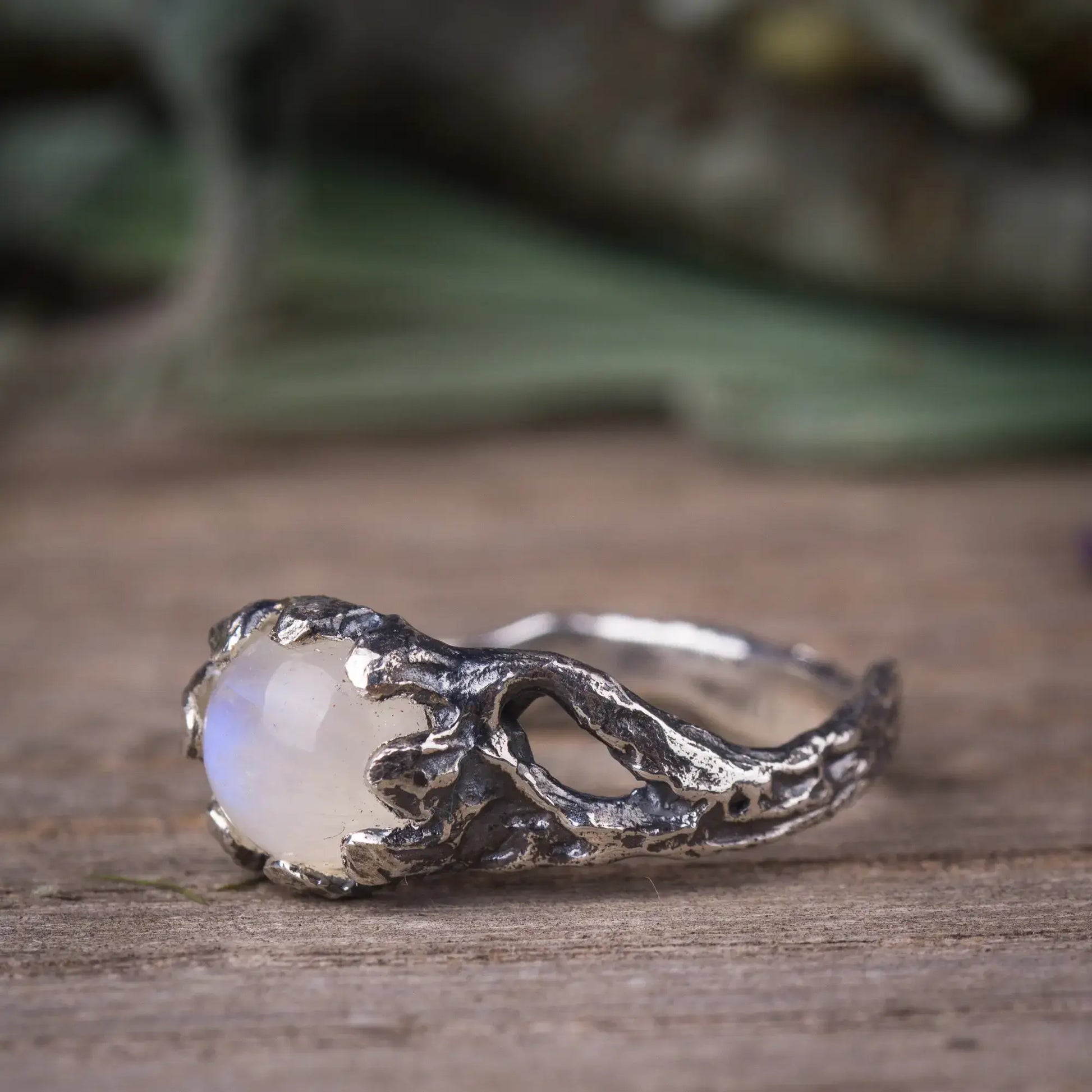 Moonstone Nature Ring in Sterling Silver, Branch Ring Fairy Tale Style Ring side view