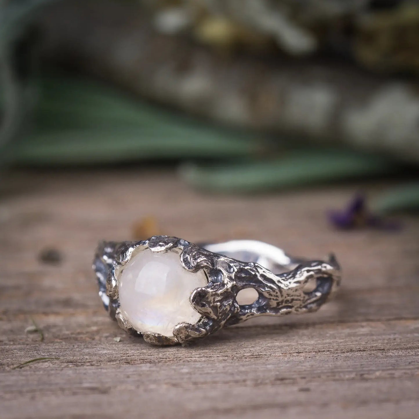 Moonstone Nature Ring in Sterling Silver, Branch Ring Fairy Tale Style Ring front view