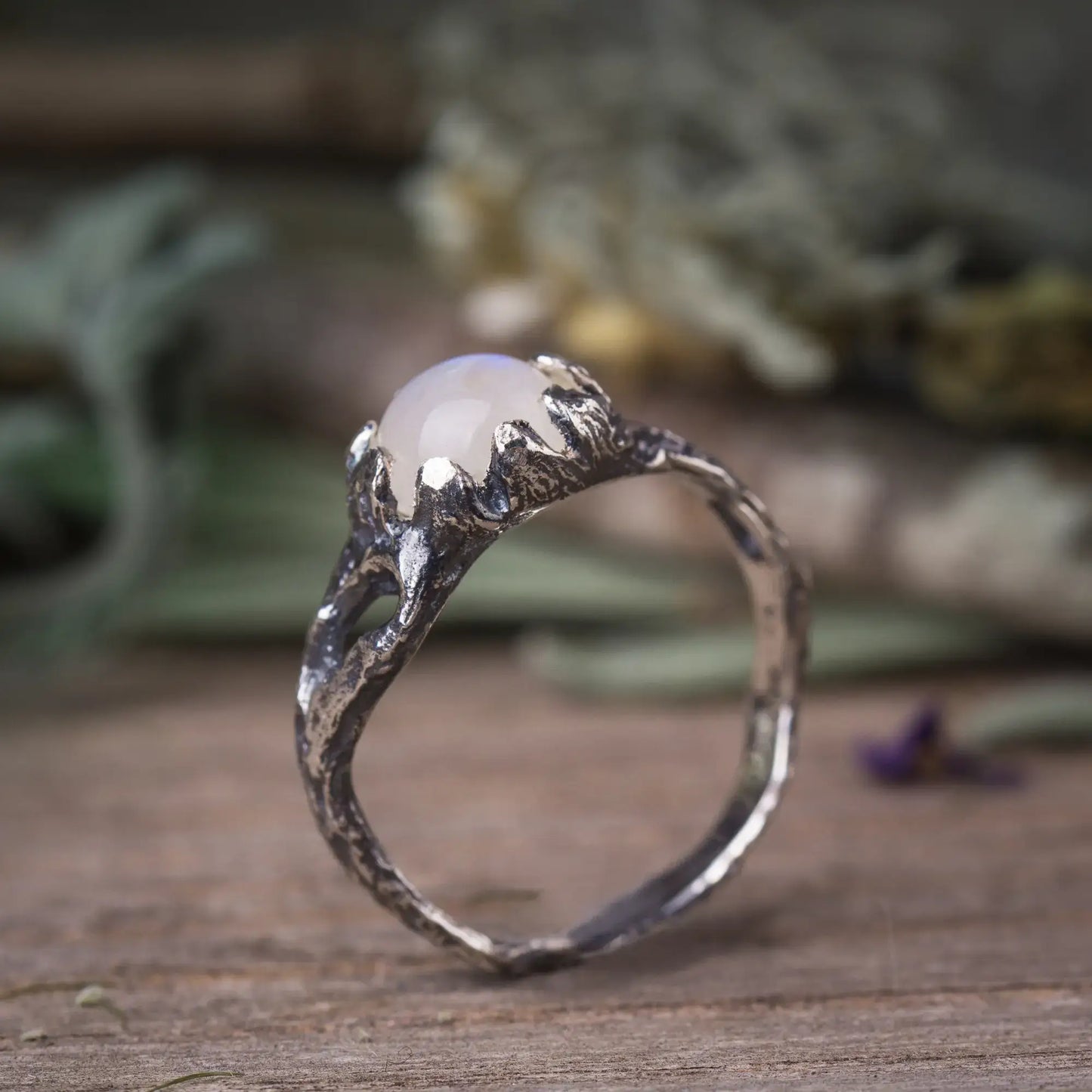 Moonstone Nature Ring in Sterling Silver, Branch Ring Fairy Tale Style Ring front view