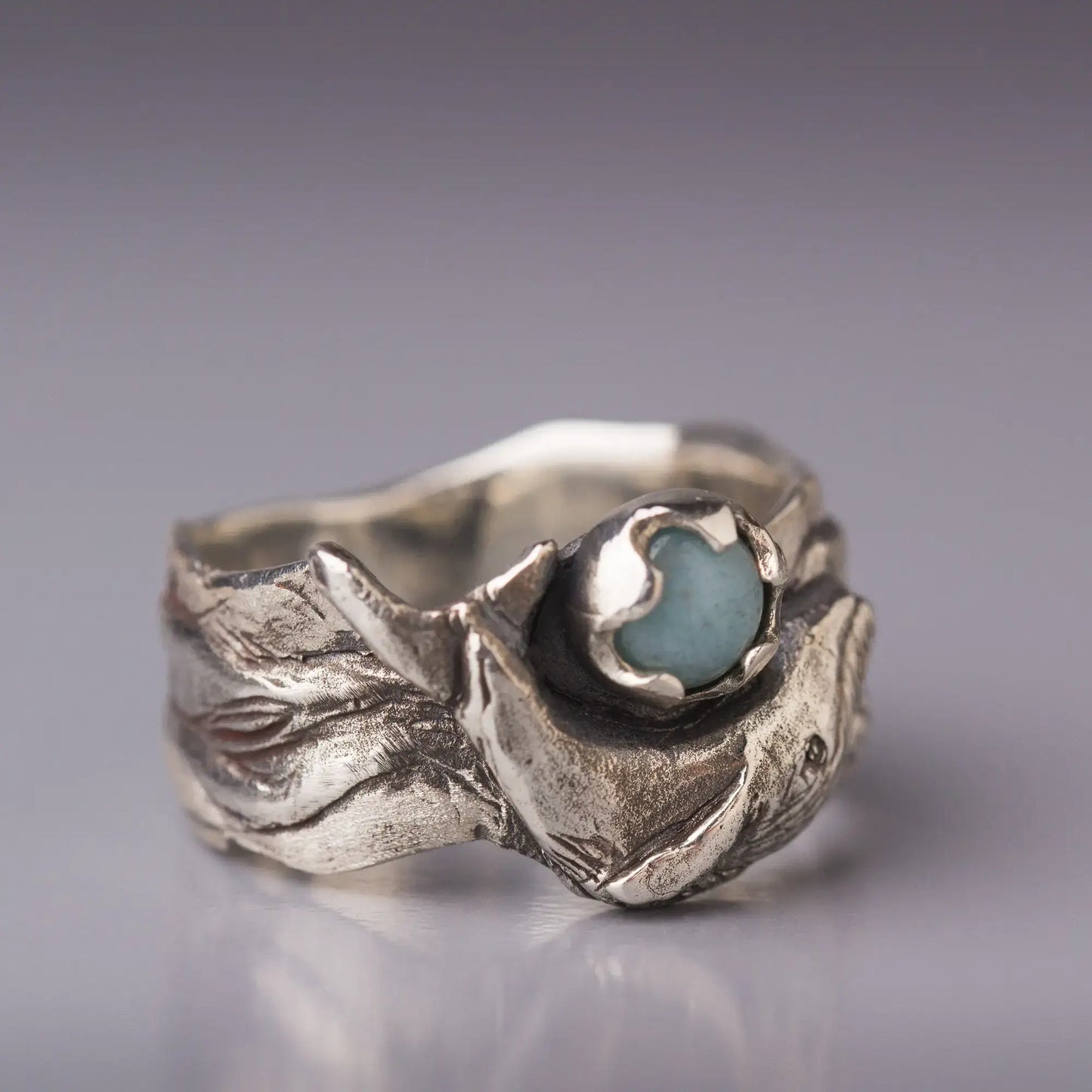 Sterling silver whale ring with Amazonite gemstone, featuring a wide band and humpback whale design, perfect ocean statement piece.