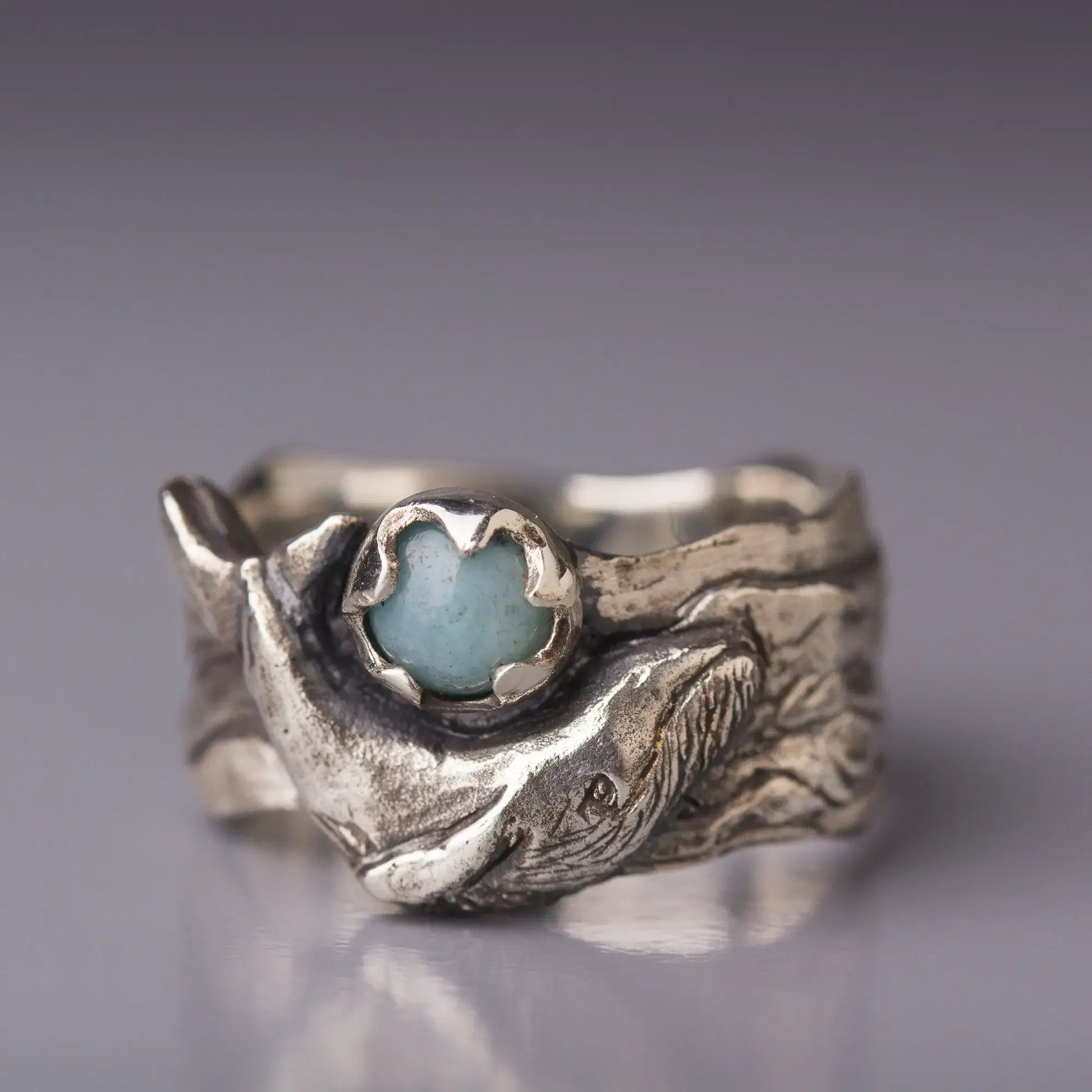 Sterling silver whale ring with amazonite gemstone and wide band, featuring a handcrafted ocean-inspired design, perfect statement ring.