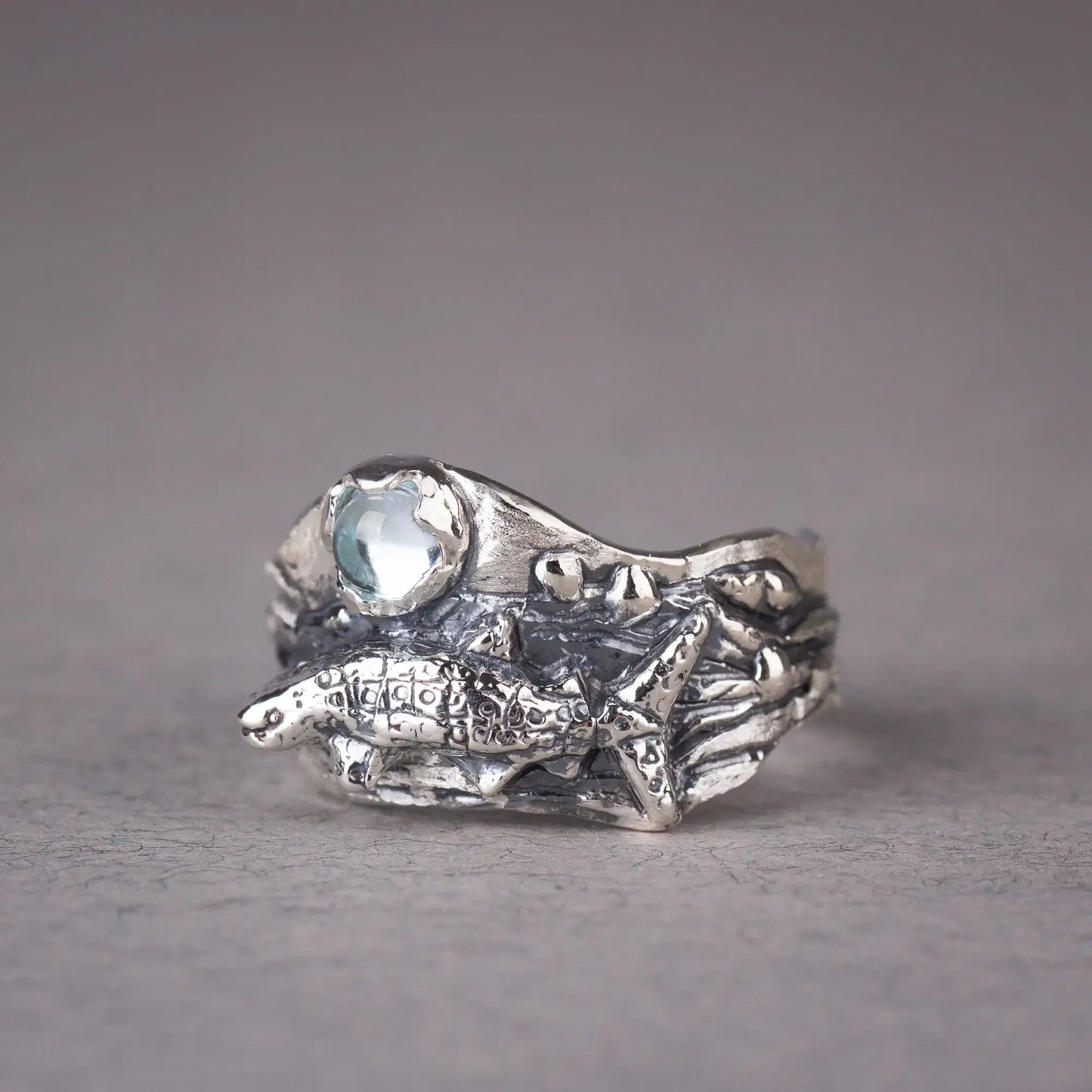 Whale Shark Ring With blue Topaz, grey background