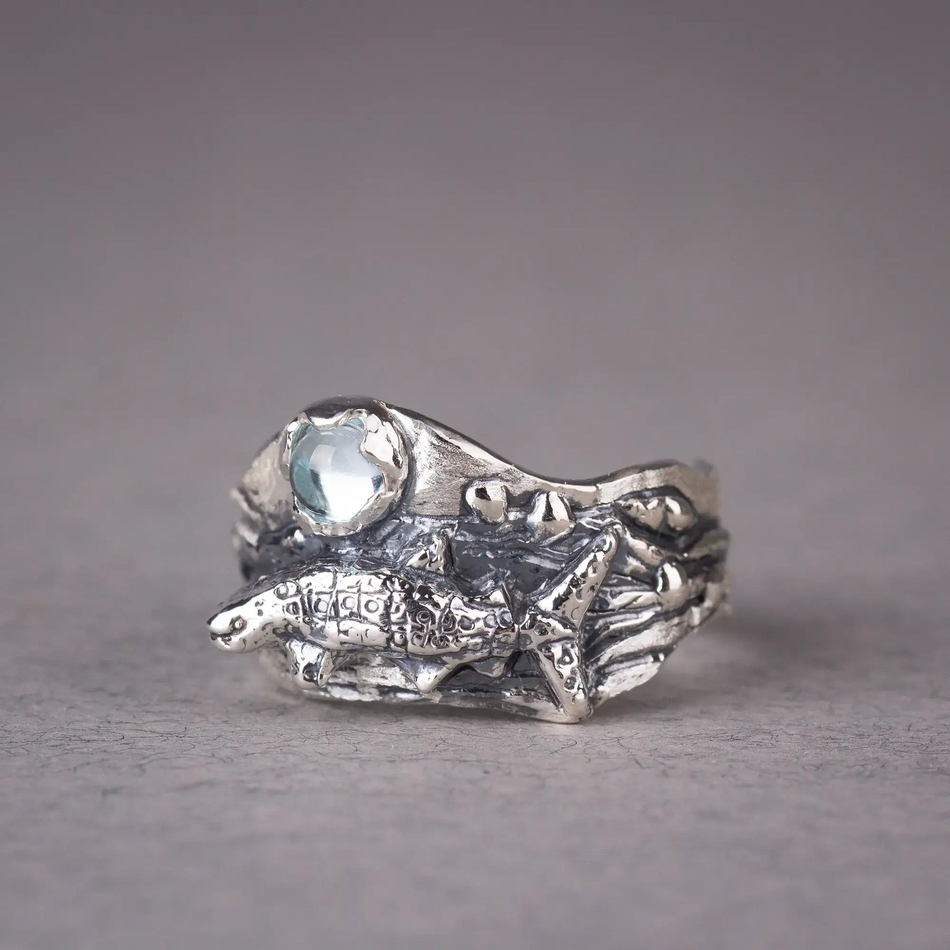 Whale Shark Ring With blue Topaz, grey background