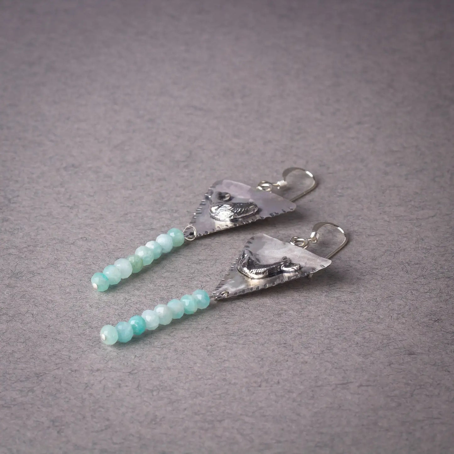 Whale Triangle Silver Handcrafted Dangle Earrings with Amazonite