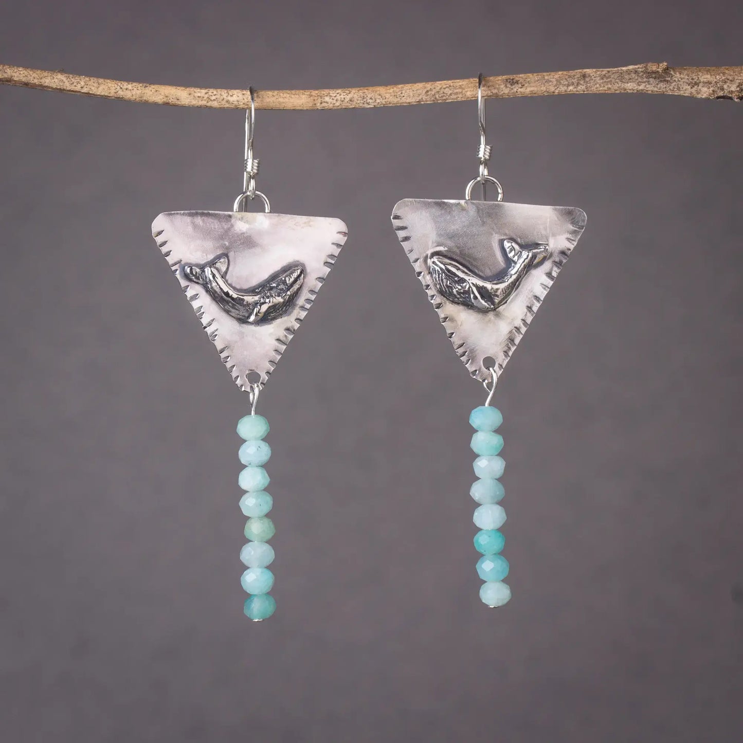 Whale Triangle Silver Handcrafted Dangle Earrings with Amazonite