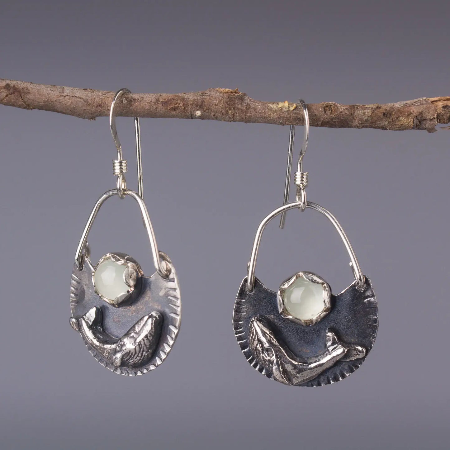 Humpback Whale Earrings in Silver  with Aquamarine, Handcrafted Ocean Dangles