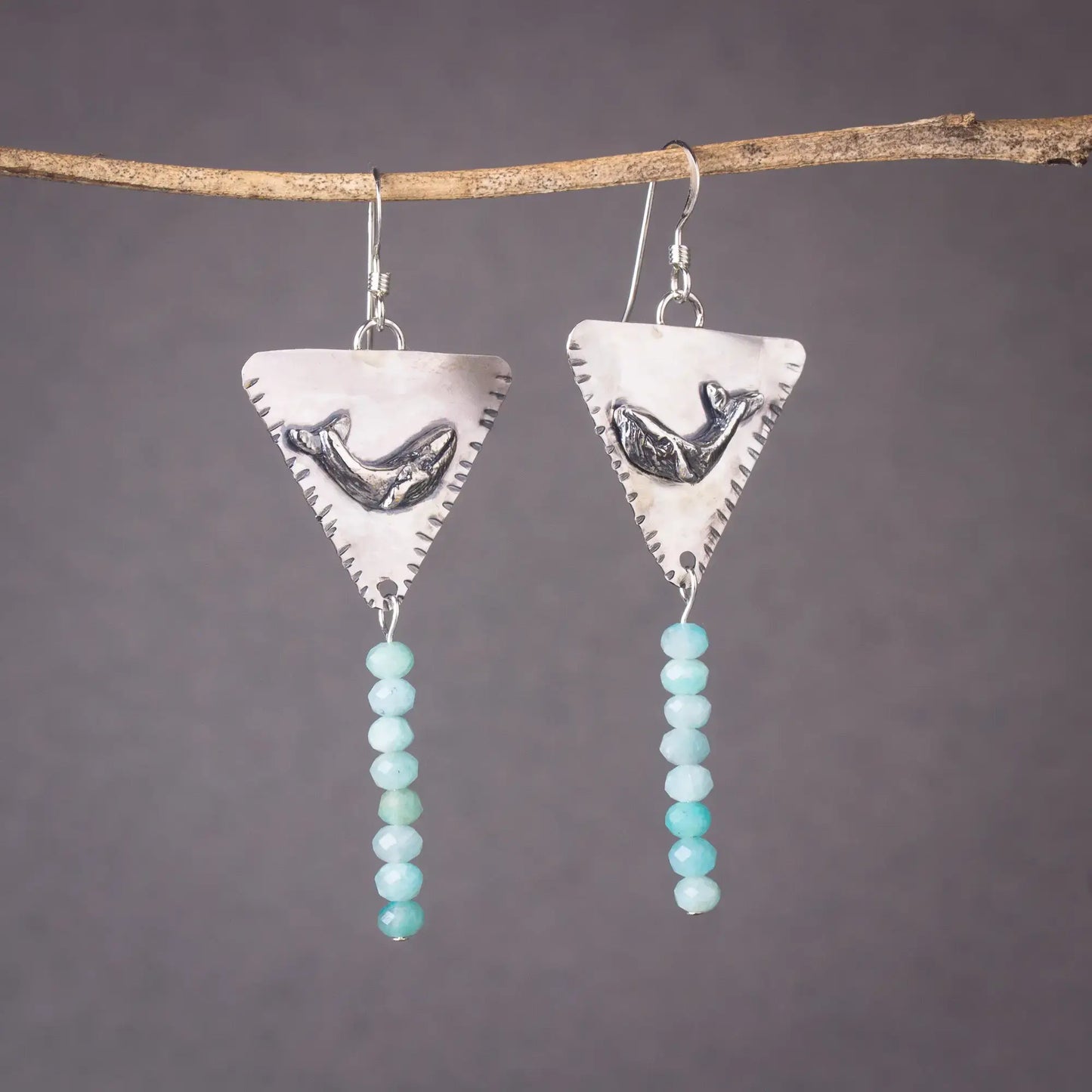 Whale Triangle Silver Handcrafted Dangle Earrings with Amazonite