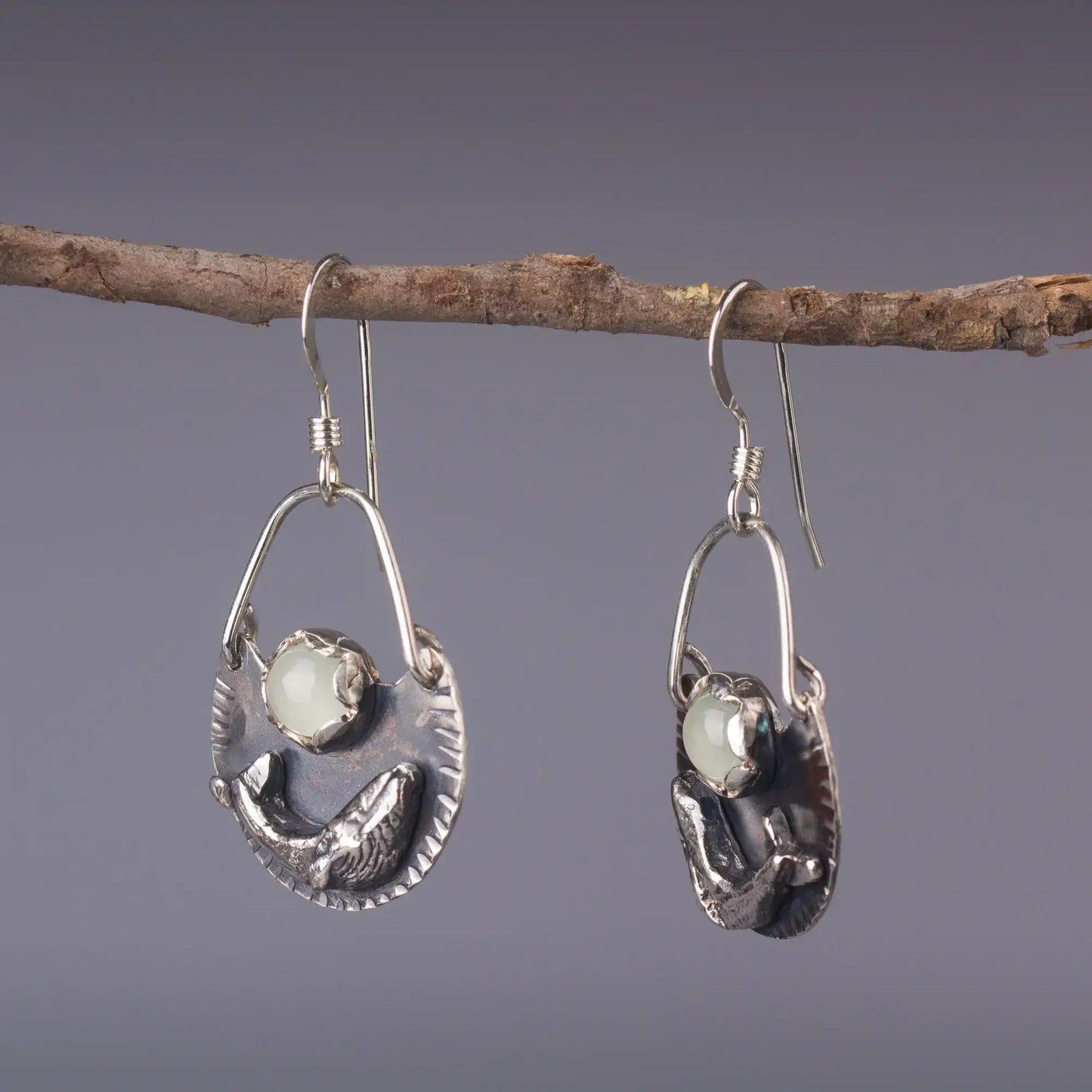 Humpback Whale Earrings in Silver  with Aquamarine, Handcrafted Ocean Dangles