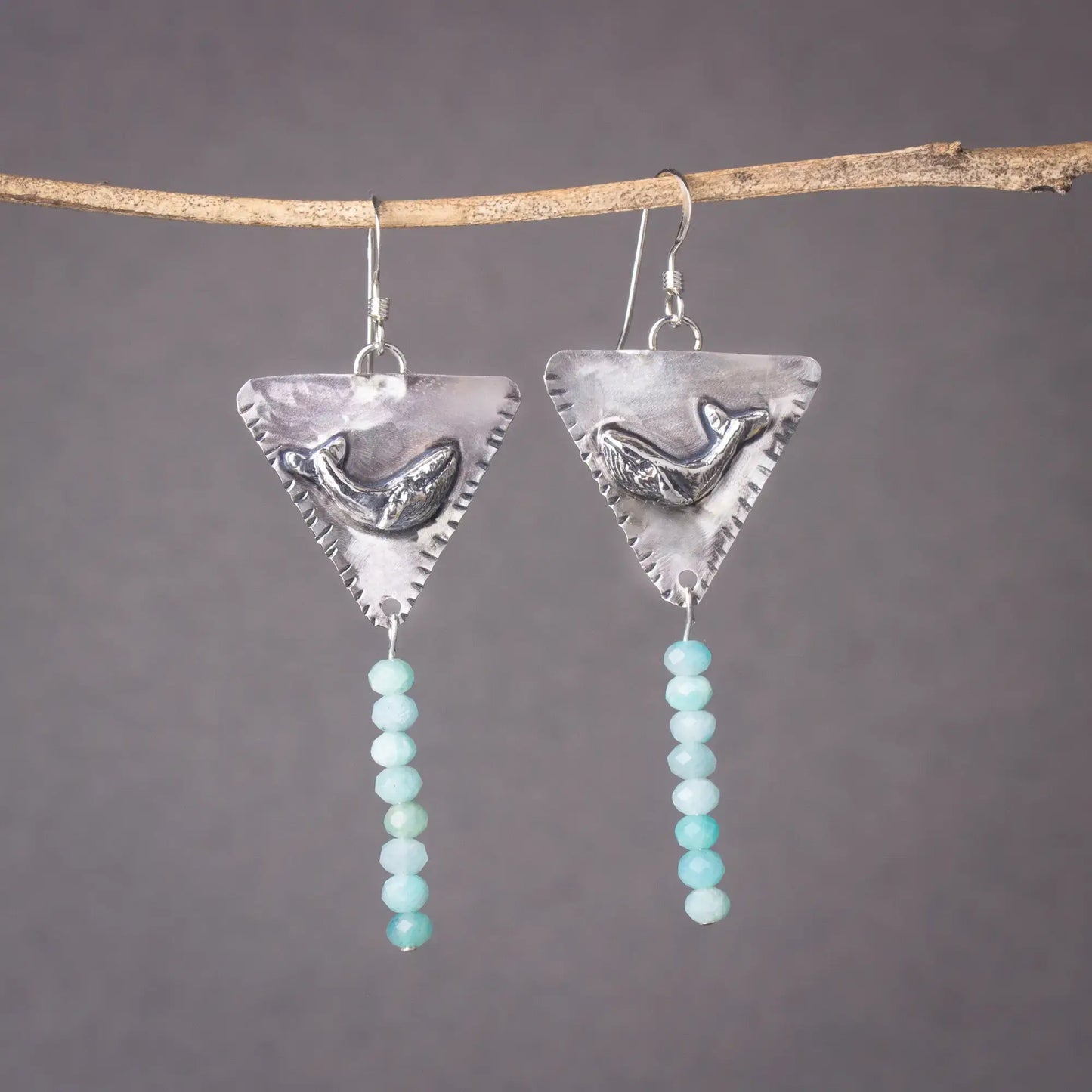 Whale Triangle Silver Handcrafted Dangle Earrings with Amazonite