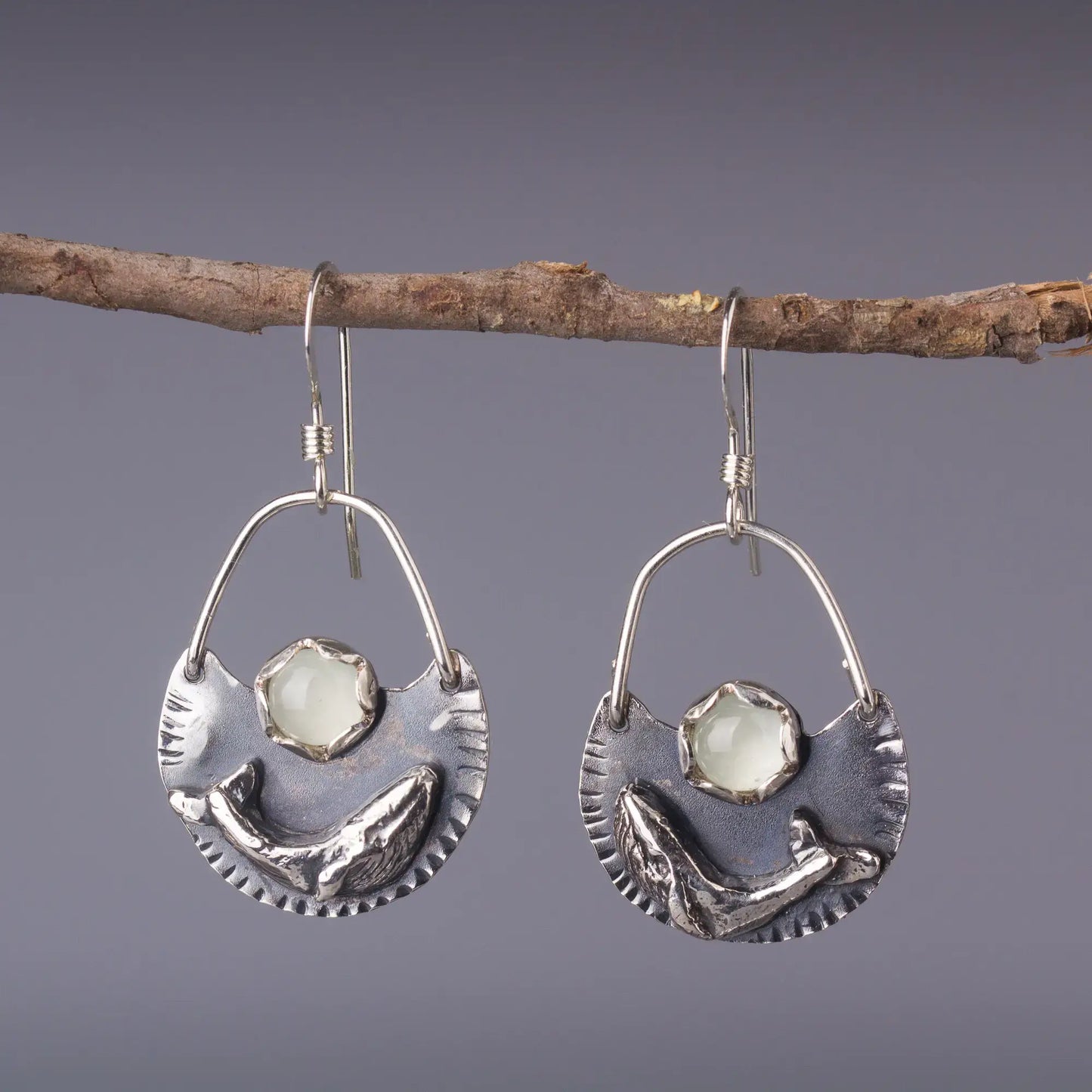 Humpback Whale Earrings in Silver  with Aquamarine, Handcrafted Ocean Dangles